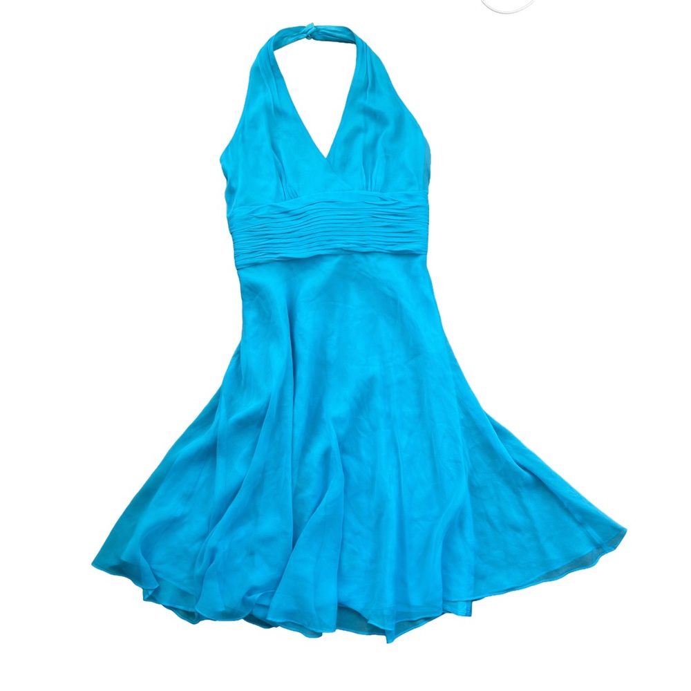 [SOLD] vintage y2k maggy london aqua blue halter silk mini dress